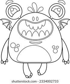 Outlined Cute Smiling Monster Cartoon Character Flying In Sky. Vector Hand Drawn Illustration Isolated On Transparent Background