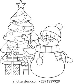 Outlined Cute Snowman Cartoon Character Decorate The Christmas Tree. Vector Hand Drawn Illustration Isolated On Transparent Background