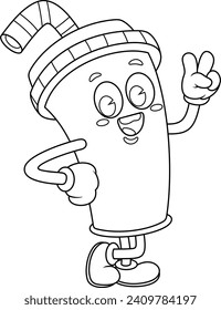 Outlined Cute Soft Drink Retro Cartoon Character Gesturing A Peace Sign. Vector Hand Drawn Illustration Isolated On Transparent Background