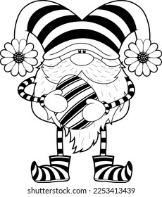 Outlined Cute Spring Gnome Cartoon Character Holding A Easter Egg. Vector Hand Drawn Illustration Isolated On Transparent Background