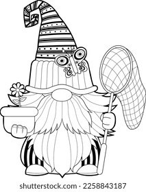 Outlined Cute Spring Gnome Cartoon Character With Flower Pot Holding A Butterfly Net. Vector Hand Drawn Illustration Isolated On Transparent Background