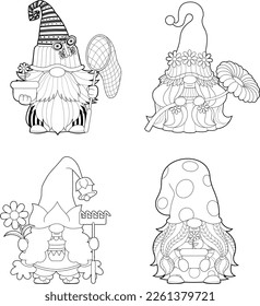 Outlined Cute Spring Gnomes Cartoon Characters In Different Poses. Vector Hand Drawn Collection Set Isolated On Transparent Background