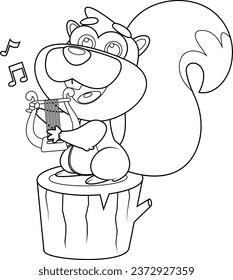 Outlined Cute Squirrel Cartoon Character Sing A Song With Harp. Vector Hand Drawn Illustration Isolated On Transparent Background