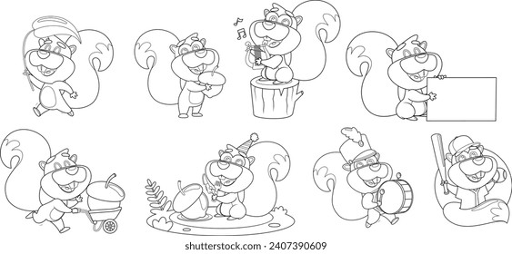 Outlined Cute Squirrel Cartoon Character In Different Poses. Vector Hand Drawn Collection Set Isolated On Transparent Background