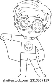 Outlined Cute Super Hero Kid Boy Cartoon Character. Vector Hand Drawn Illustration Isolated On Transparent Background