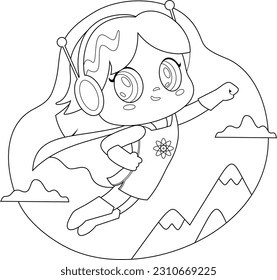 Outlined Cute Super Hero Kid Girl Cartoon Character Flying. Vector Hand Drawn Illustration Isolated On Transparent Background