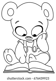 Outlined cute teddy bear reading a book. Vector line art illustration coloring page.