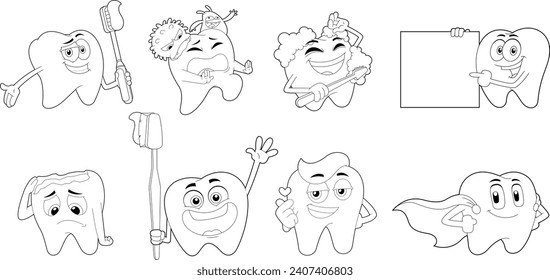 Darunter sind die Cute Tooth Cartoons. Kollektion mit Vektorgrafik einzeln auf transparentem Hintergrund