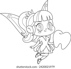 Outlined Cute Tooth Fairy Girl Cartoon Character Flying With Tooth. Vector Hand Drawn Illustration Isolated On Transparent Background