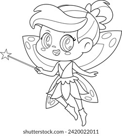 Outlined Cute Tooth Fairy Girl Cartoon Character Flying With Magic Wand. Vector Hand Drawn Illustration Isolated On Transparent Background