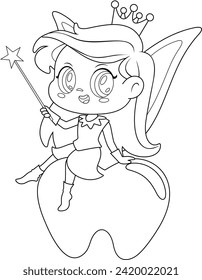 Outlined Cute Tooth Fairy Girl Cartoon Character Sitting On Tooth With Magic Wand. Vector Hand Drawn Illustration Isolated On Transparent Background