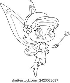 Outlined Cute Tooth Fairy Girl Cartoon Character Flying With Magic Wand. Vector Hand Drawn Illustration Isolated On Transparent Background