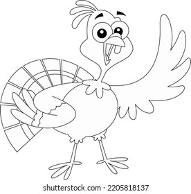 Outlined Cute Turkey Baby Cartoon Character Waving For Greeting. Vector Hand Drawn Illustration Isolated On Transparent Background