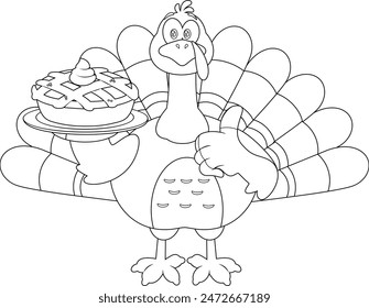 Outlined Cute Turkey Bird Cartoon Character Holding Perfect Pie And Giving The Thumbs Up. Vector Hand Drawn Illustration Isolated On Transparent Background