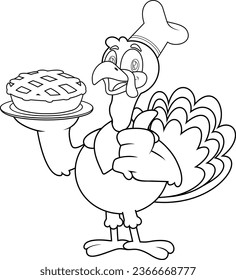 Outlined Cute Turkey Chef Cartoon Character Serving Perfect Pie. Vector Hand Drawn Illustration Isolated On Transparent Background