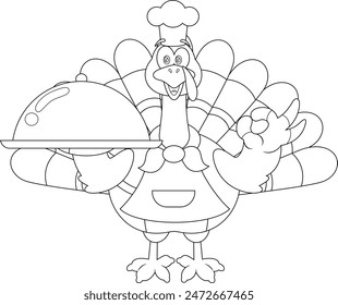 Outlined Cute Turkey Chef Cartoon Character Serving Food In A Sliver Platter. Vector Hand Drawn Illustration Isolated On Transparent Background