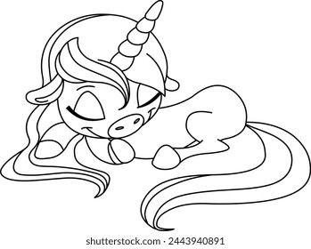 Outlined cute unicorn sleeping, Vector line art illustration coloring page.