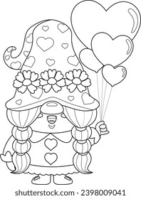 Outlined Cute Valentine Female Gnome Cartoon Character With Heart Balloons. Vector Hand Drawn Illustration Isolated On Transparent Background