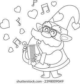 Outlined Cute Valentine Gnome Cartoon Character Sing A Love Song With Harp. Vector Hand Drawn Illustration Isolated On Transparent Background