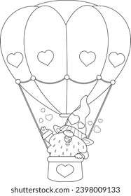 El día de San Valentín, un personaje de caricatura de Valentín que volaba en un globo aerostático de corazón. Ilustración dibujada a mano vectorial aislada en fondo transparente