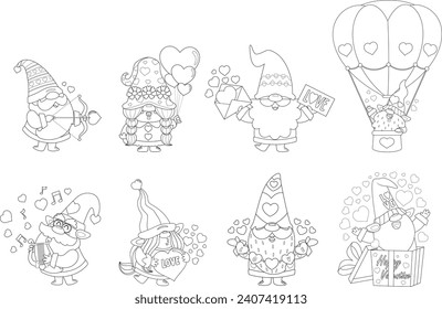 Outlined Cute Valentine Gnomes Cartoon Characters. Vector Hand Drawn Collection Set Isolated On Transparent Background
