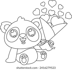 Personaje De Caricatura De San Valentín Panda Con Ropa De Caricatura Con Ropa De Regalo Con Corazones. Ilustración dibujada a mano vectorial aislada en fondo transparente