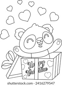 Outlined Cute Valentine Panda Bear Cartoon Character Exit From Gift Box With Hearts. Vector Hand Drawn Illustration Isolated On Transparent Background