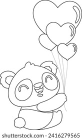 Outlined Cute Valentine Panda Bear Cartoon Character Holding Hearts Balloons. Vector Hand Drawn Illustration Isolated On Transparent Background