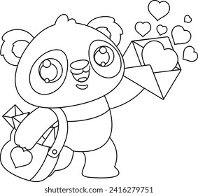 Outlined Cute Valentine Panda Bear Postman Cartoon Character With Love Letters. Vector Hand Drawn Illustration Isolated On Transparent Background