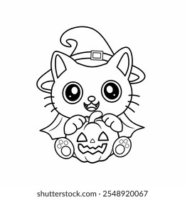 Outlined Cute Witch Cat hugging halloween. Pumpkin. Coloring page outline of cute animals. Animals tracing worksheet. Kindergarten and preschool activity