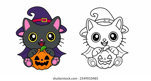 Outlined Cute Witch Cat hugging halloween. Pumpkin. Coloring page outline of cute animals. Animals tracing worksheet. Kindergarten and preschool activity