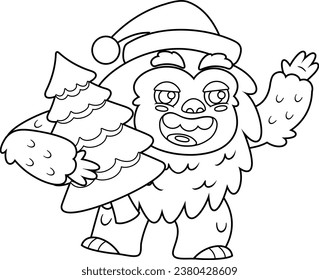 Outlined Cute Yeti Bigfoot Cartoon Character In Santa's Hat With Christmas Tree Waving. Vector Hand Drawn Illustration Isolated On Transparent Background