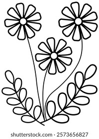 Outlined Daisy Flowers with Decorative Leaves for Coloring or Design. Black and white outline drawing featuring three daisy flowers with decorative leaves, ideal for coloring, crafting.