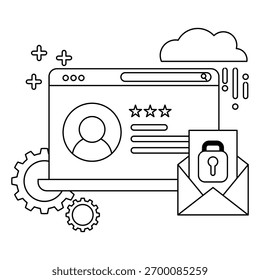 Outlined Data Security System with Cloud, Gears, and Padlocked E