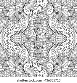 Outlined design of seamless decorative textile pattern with elegant wavy flower and leaf type shapes