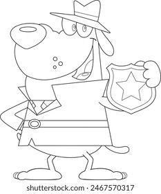 Outlined Detective Dog Cartoon Character Showing Police Badge. Vector Hand Drawn Illustration Isolated On Transparent Background