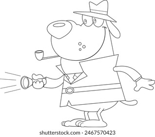 Outlined Detective Dog Cartoon Character Holding A Flashlight And Shines. Vector Hand Drawn Illustration Isolated On Transparent Background