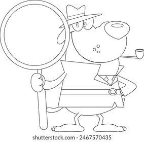 Outlined Detective Dog Cartoon Character Holding A Big Magnifying Glass. Vector Hand Drawn Illustration Isolated On Transparent Background