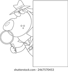 Outlined Detective Dog Cartoon Character With Magnifying Glass Peeking Out Corner. Vector Hand Drawn Illustration Isolated On Transparent Background