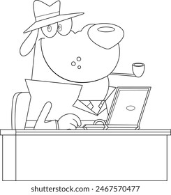 Outlined Detective Dog Cartoon Character Sitting On The Desk With A Laptop. Vector Hand Drawn Illustration Isolated On Transparent Background