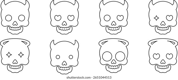 Outlined Devil and Angel Skull Icons Set – Halloween Skeleton Line Art with Horns, Halos, and Heart Eyes