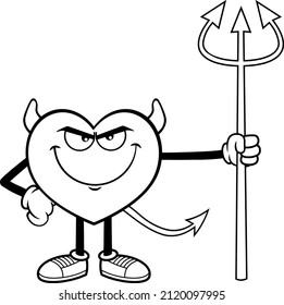 Outlined Devil Heart Cartoon Character Holding А Trident. Vector Hand Drawn Illustration Isolated On White Background