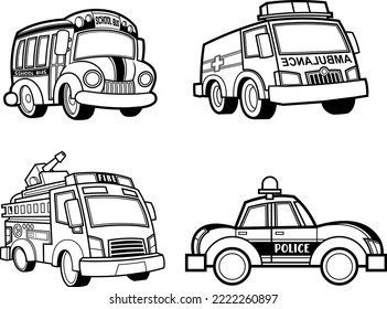 Outlined Different Cartoon Truck. Vector Hand Drawn Collection Set Isolated On Transparent Background