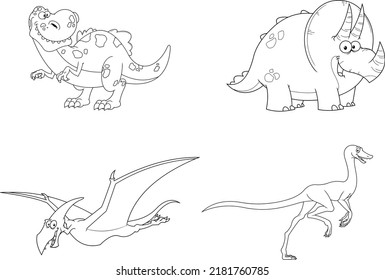 Outlined Dinosaur Cartoon Characters. Vector Hand Drawn Collection Set Isolated On White Background