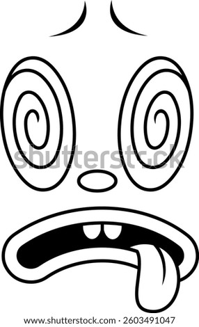 Outlined Dizzy Retro Cartoon Face with Swirl Eyes and Tongue Out. 30s 50s 60s Vintage Animation Style Character. Vector Hand Drawn Illustration Isolated On Transparent Background