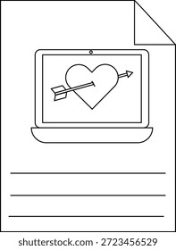 El documento delineado muestra una computadora portátil con un corazón perforado por una flecha sobre tres líneas Horizontales