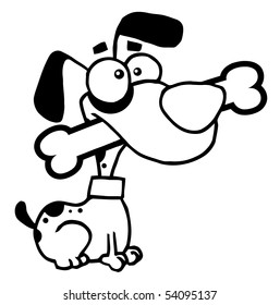 Outlined Dog With Big Bone In Mouth