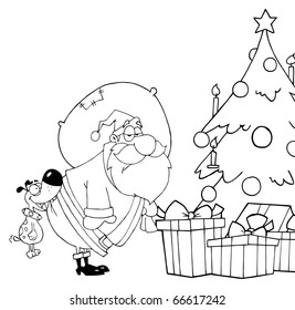 Outlined Dog Biting Santas Butt By A Christmas Tree