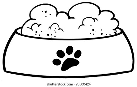 Outlined Dog Bowl With Food. Vector Illustration