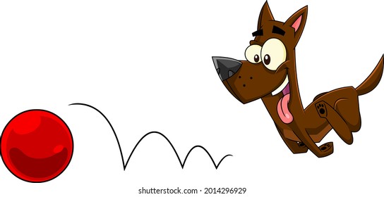 Outlined Dog Cartoon Character Chasing A Ball. Vector Hand Drawn Illustration Isolated On Transparent Background